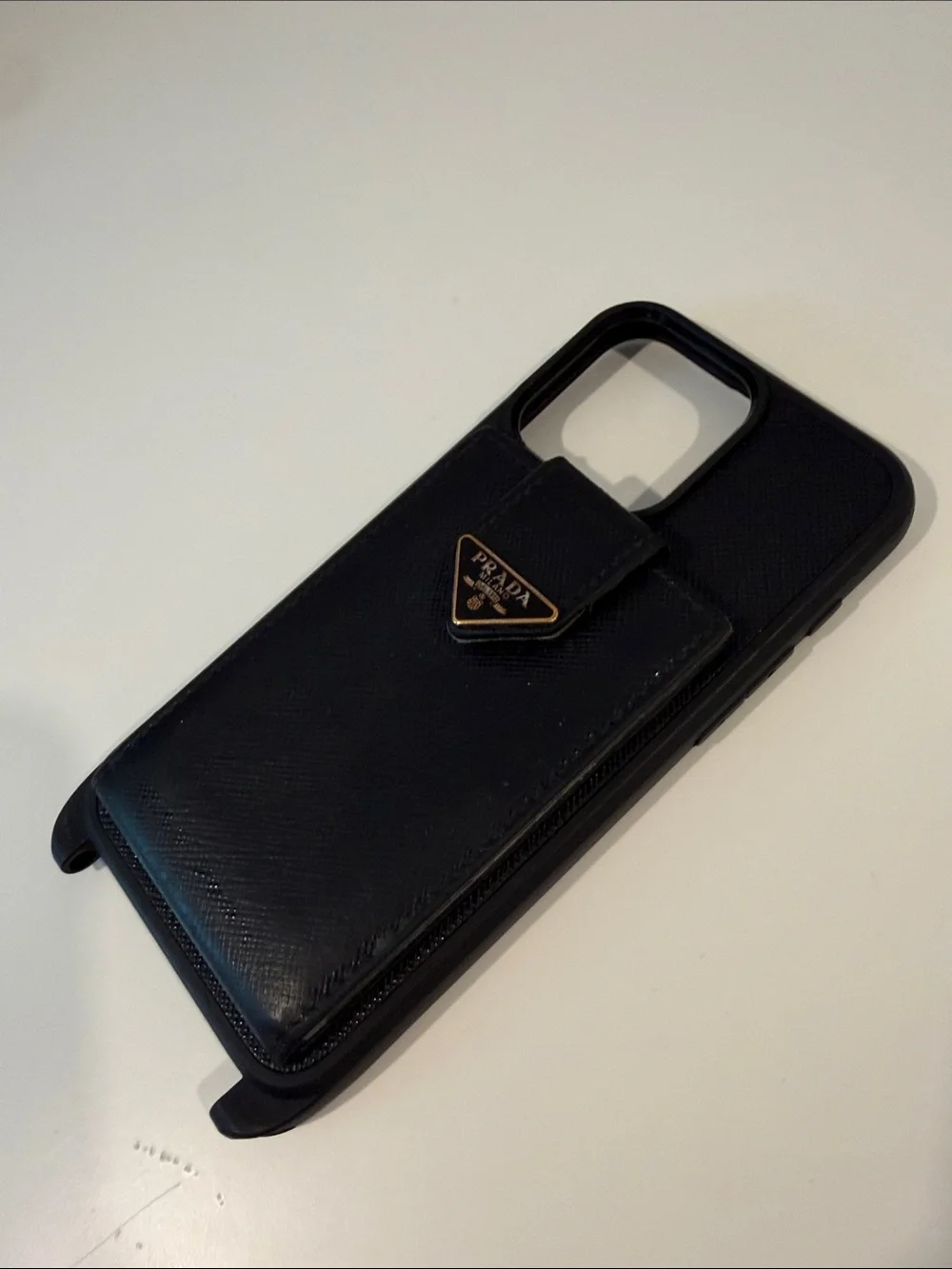 Prada Black Saffiano Leather Phone Case with Card Pocket and Gold Logo